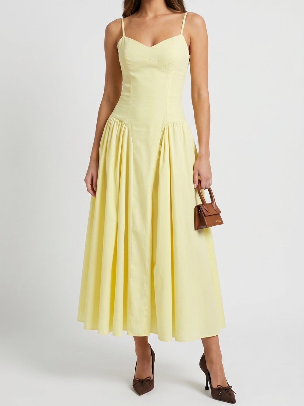 Sweetheart Neckline Yellow Pleated Midi Dress